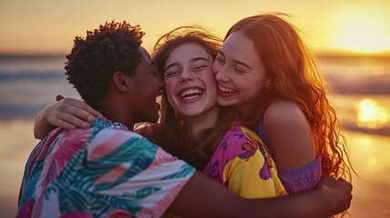 Fototapeta premium Warm hug between young friends in a golden hour park, highlighting joy and friendship.