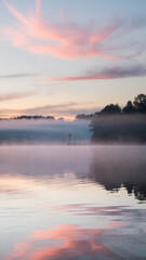 Obraz premium Scenic lake at dawn with soft pastel colors. Landscape photography with a foggy lake scene at sunset.