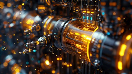 Cyberpunk Reactor Core: Close-up of a futuristic, glowing reactor core with intricate mechanical details, sparks, and vibrant orange and blue hues.