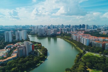 Obraz premium Aerial view of city skyline with lake.