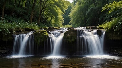 Obraz premium Tranquil cascading waterfall in a lush forest.