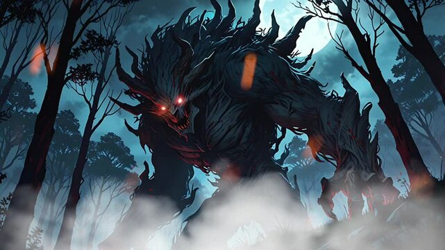 A giant wolf monster is in the middle of a spooky forest. Seamless 4K looping timelapse video animation background