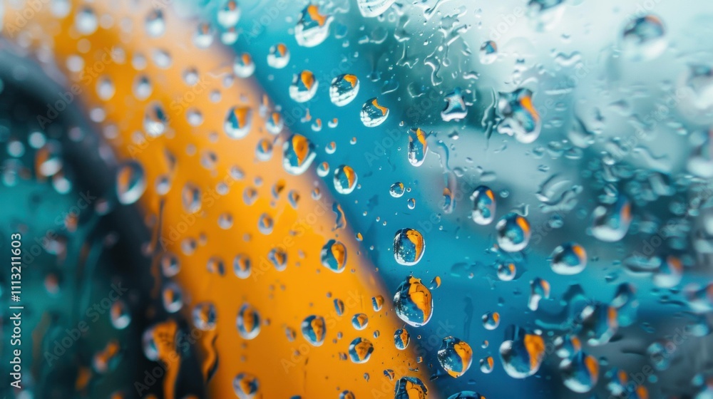 Poster close-up of water droplets on a glass surface with a blurred colorful background, creating an artist