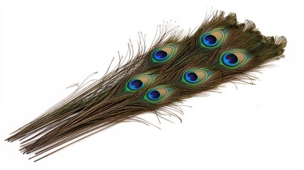 Fototapeta premium Peacock feathers showing iridescent ocelli isolated on white background