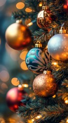 Christmas background with branch, balls, and lighting