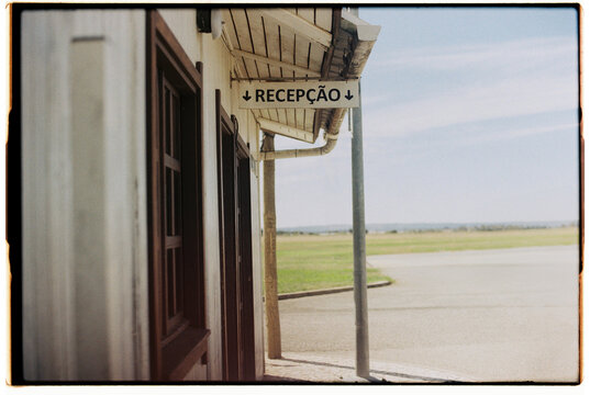 Reception sign at civil aviation airfield in &Eacute;vora, Portugal. Film