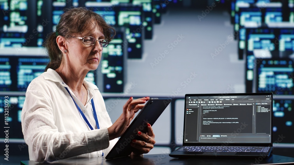 Poster older employee in technologically advanced server room running scripts on laptop and tablet. tech su