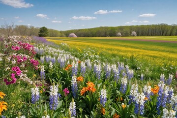 Fototapeta premium Vibrant Wildflower Meadow in Full Bloom Under Radiant Spring Sky