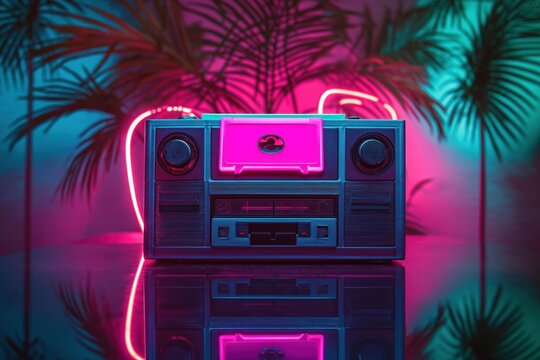 Retro boombox with neon pink cassette tape. Vaporwave style. Tropical setting with palm trees. Nighttime vibe. Techy aesthetic. Trendy music concept. Cool vintage design. Retro boombox, cassette