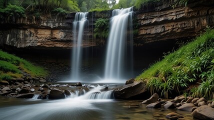 Obraz premium Cascading waterfall in lush green forest.
