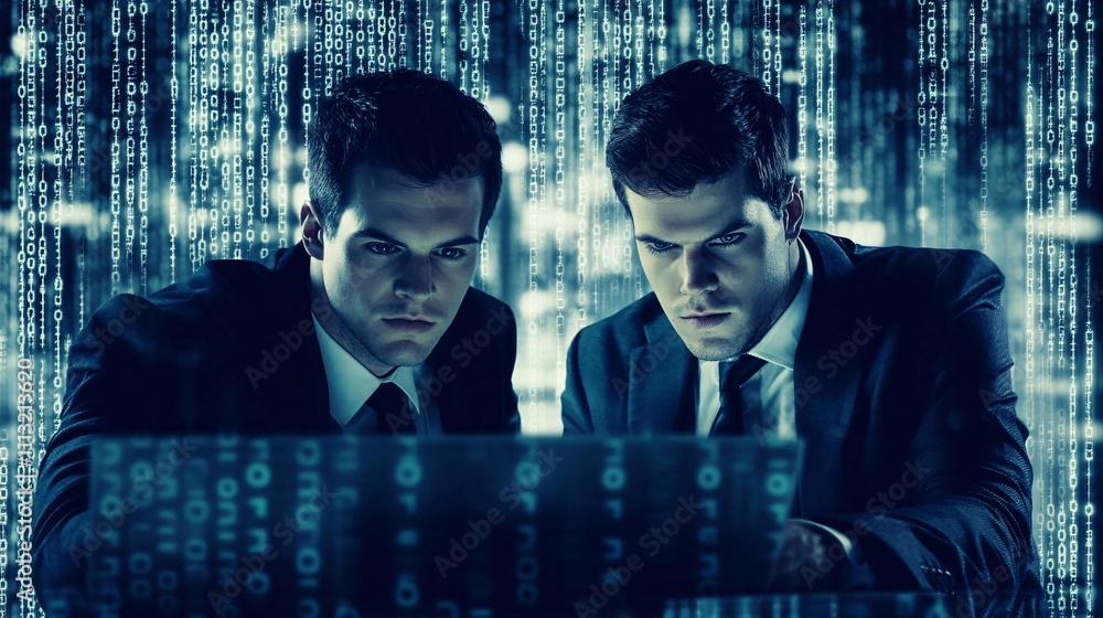 Aufkleber Programmers working on laptop with binary code background