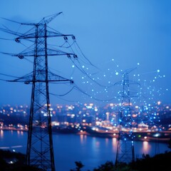 A nighttime view of power lines with a city skyline and glowing lights in the background.