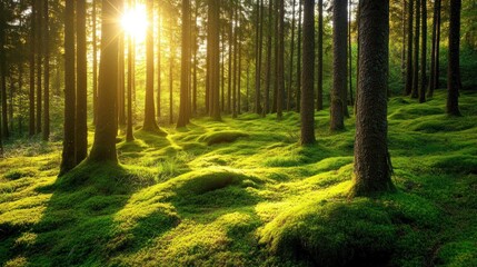 Obraz premium Sunlight streaming through lush green forest with mossy ground
