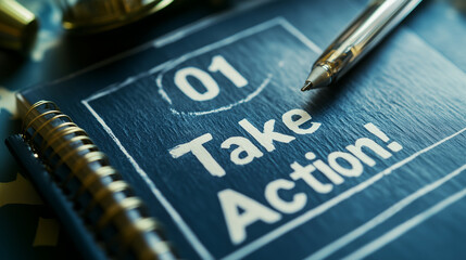 Take Action quote labeled on a book. Personal development and motivation concept.