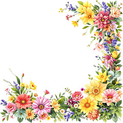 A vibrant floral border, composed of a variety of flowers and leaves, painted in a watercolor style isolated on transparent background