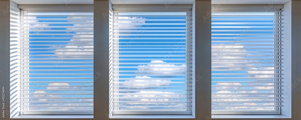 Poster White venetian blinds filtering the sunlight and offering a view of blue sky and clouds
