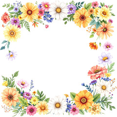 A vibrant floral border, composed of a variety of flowers and leaves, painted in a watercolor style isolated on transparent background