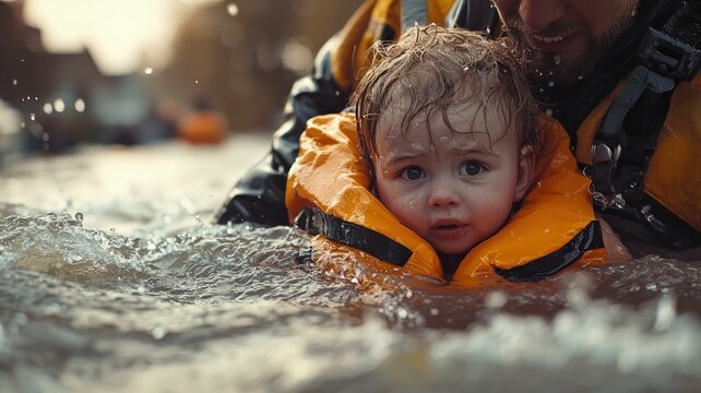 A child in a life jacket is rescued from floodwaters by an adult.