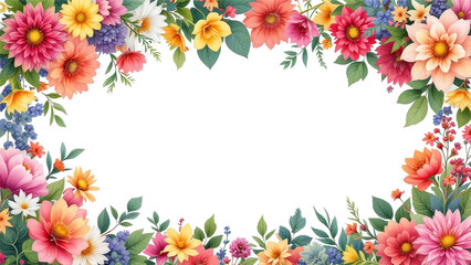 Fototapeta premium A vibrant floral border, composed of a variety of flowers and leaves, painted in a watercolor style isolated on transparent background