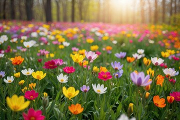 Stunning Spring Meadow Filled with Colorful Flowers and Vibrant Natural Light