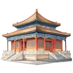 Obraz premium A Detailed Watercolor Illustration of a Traditional Chinese Pavilion with Elaborate Architecture and Decorated Roof.