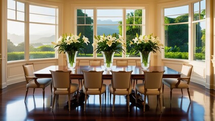 Obraz premium eight-seat dining room with lovely views and flower vases on the table