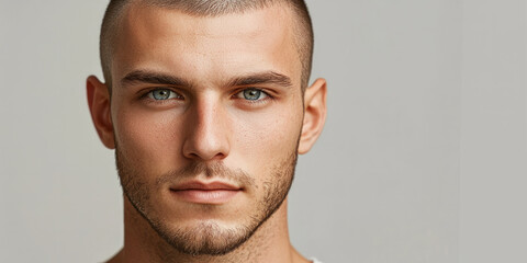 Naklejka premium Handsome man with a buzz cut hairstyle, set against a light gray background, generative AI