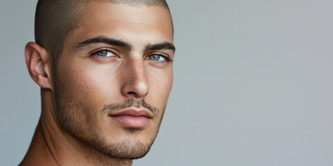 Fototapeta premium Handsome man with a buzz cut hairstyle, set against a light gray background, generative AI