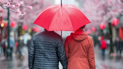 Couple under a red umbrella in the rain