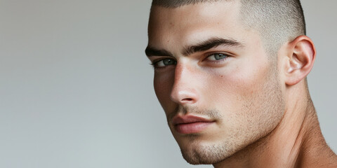 Fototapeta premium Handsome man with a buzz cut hairstyle, set against a light gray background, generative AI