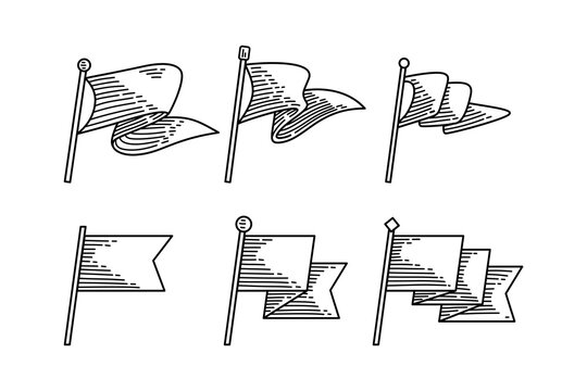 flag with pole engraved style icon vector illustration collection. set of flag and pole line art element designs.  doodle of flag with pole decorative element design. hand drawn flags symbol for decor