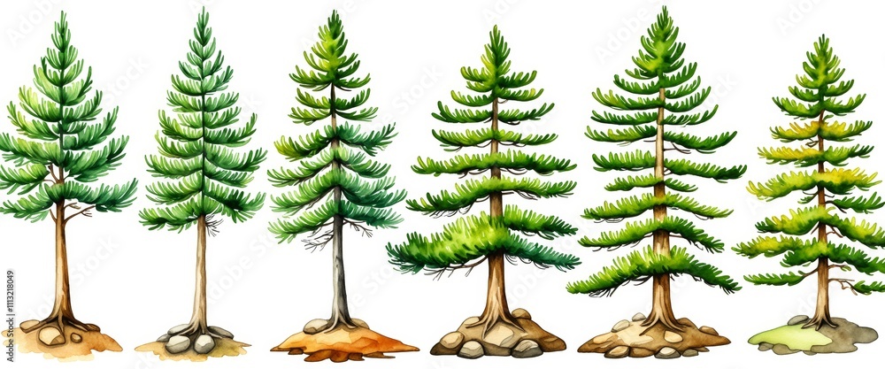 Poster variety of evergreen pine trees with distinctive branch patterns on white background