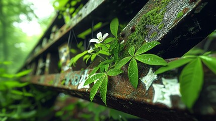 Obraz premium A close-up of moss-covered metal with green leaves and a flower in a lush, natural setting.
