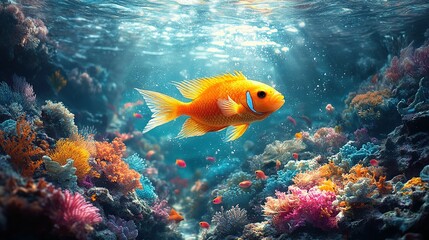 Vibrant Orange Fish Swims Among Colorful Coral Reef