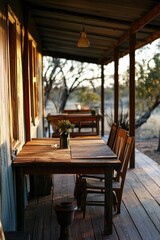Fototapeta premium Wooden dining table and chairs set on a rustic cabin veranda during warm golden hour sunset.