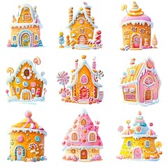 Obraz premium Nine whimsical watercolor illustrations of gingerbread houses adorned with candies and snow, perfect for festive designs.