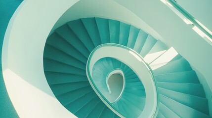 Fototapeta premium High-angle view of a spiral staircase with teal steps and white railings, bathed in soft light.