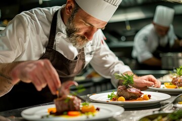 Chef Preparing Gourmet Dish in a Restaurant Kitchen