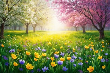 Obraz premium Stunning Visualization of a Vibrant Spring Meadow Filled with Flowers and Natural Light