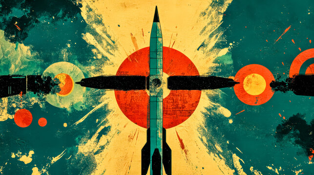 Retro propaganda poster promoting peace with rocket and symbols