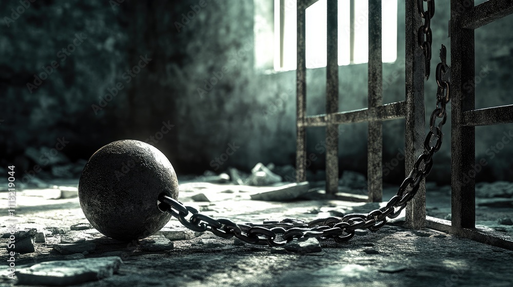 Poster A ball and chain left behind in front of broken prison bars, symbolizing an escape from captivity and the pursuit of freedom.
