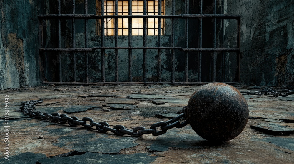 Poster A ball and chain left behind in front of broken prison bars, symbolizing an escape from captivity and the pursuit of freedom.