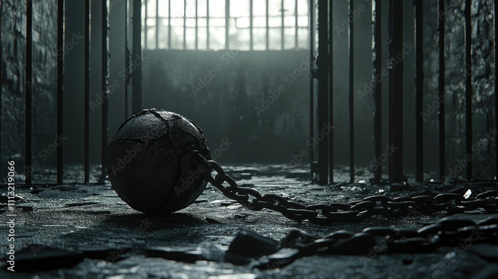 Poster A ball and chain left behind in front of broken prison bars, symbolizing an escape from captivity and the pursuit of freedom.