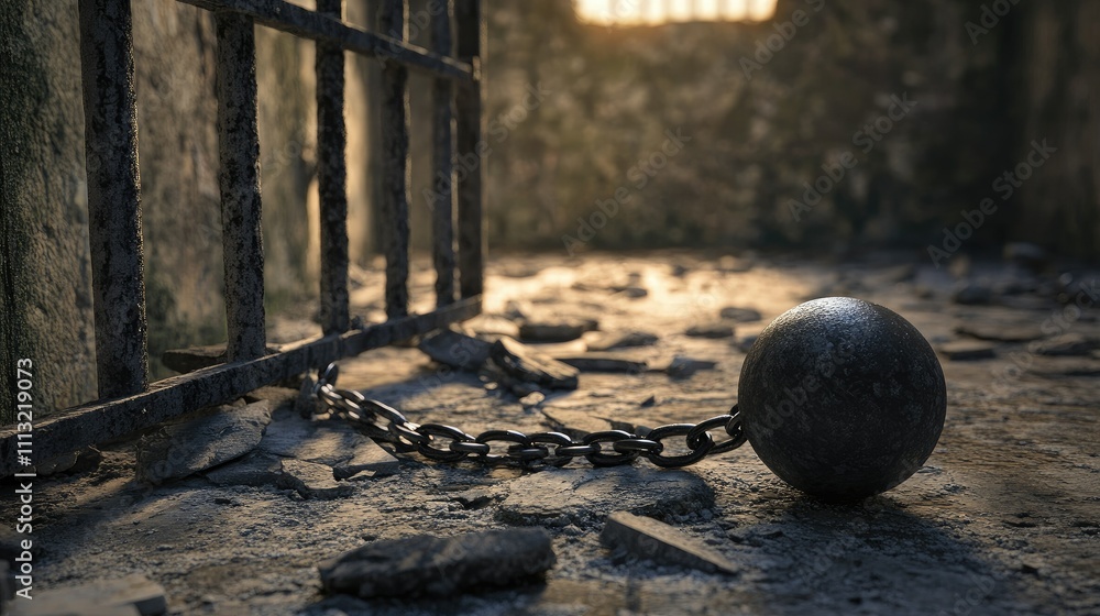 Aufkleber A ball and chain left behind in front of broken prison bars, symbolizing an escape from captivity and the pursuit of freedom.