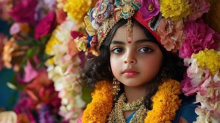 A child dressed as Lord Krishna, complete with flowers, jewelry, and a festive headpiece, surrounded by a vivid floral backdrop, bringing Hindu mythology to life.