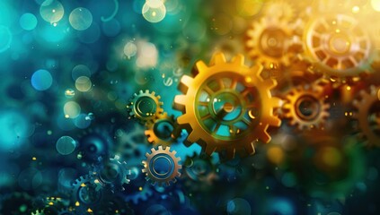 Obraz premium Golden Gears in Abstract Blue and Yellow Background