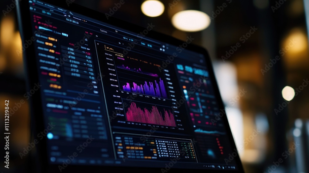 Poster a close-up of a modern laptop screen with financial data and dashboards in focus, capturing the adva