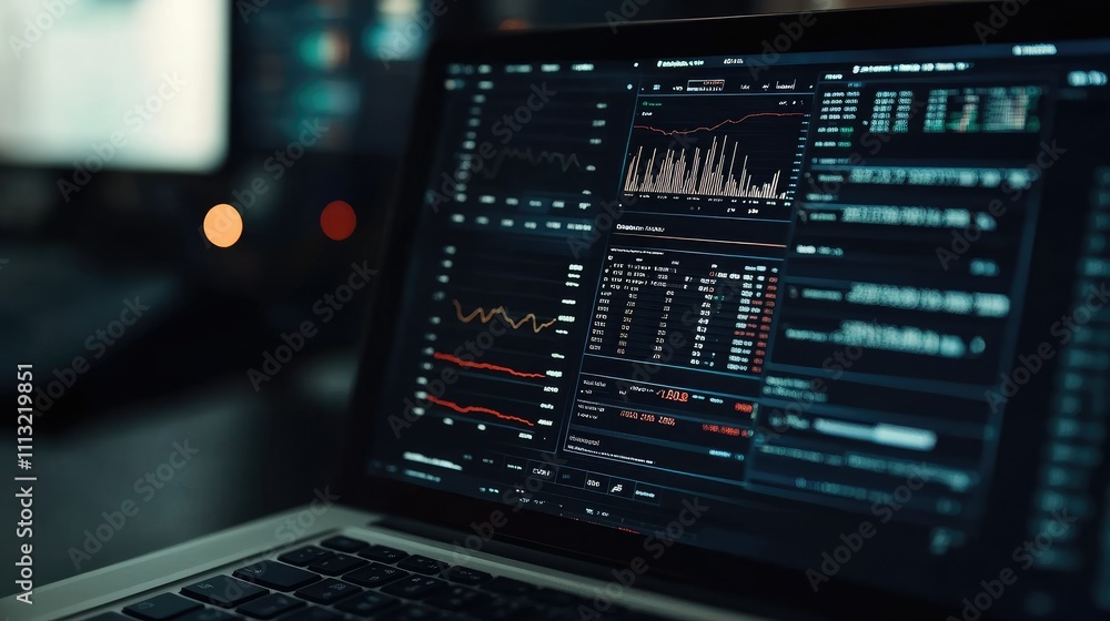Poster a close-up of a modern laptop screen with financial data and dashboards in focus, capturing the adva
