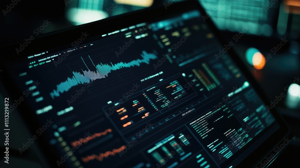 Poster a close-up of a modern laptop screen with financial data and dashboards in focus, capturing the adva