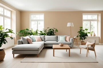 Fototapeta premium Modern living room with L-shaped sofa, wooden coffee table, armchair, plants, and large windows.